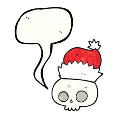 freehand speech bubble textured cartoon skull wearing christmas hat