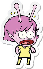 sticker of a cartoon shocked alien girl