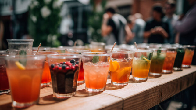 Cocktails at a street food festival close-up. Generative AI,