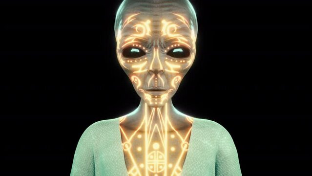 3d alien head looking up 4k with tribal pattern