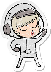 distressed sticker of a cartoon pretty astronaut girl