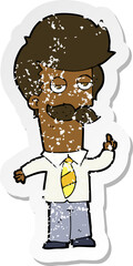 retro distressed sticker of a cartoon mna with mustache explaining