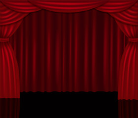 Realistic red curtains and stage with fairy glow, vector background. Award show. Stage red drapery and spotlights. Movie night or showtime.