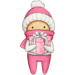 Watercolor hand drawn cute winter character