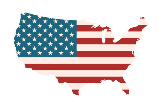 USA map with American flag. National symbol of United States of America. Graphic print design element. Isolated on white background. Vintage colors. Cartography outlined. Vector illustration clip art 