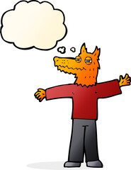 cartoon happy fox man with thought bubble