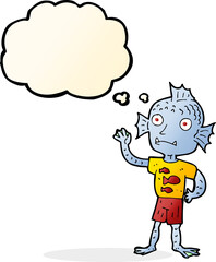 cartoon waving fish boy with thought bubble