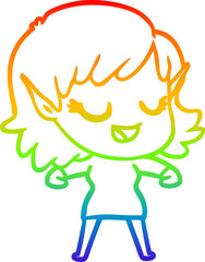 rainbow gradient line drawing of a happy cartoon elf girl