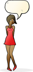 cartoon pretty woman in dress with speech bubble