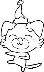 hand drawn line drawing of a dog kicking wearing santa hat