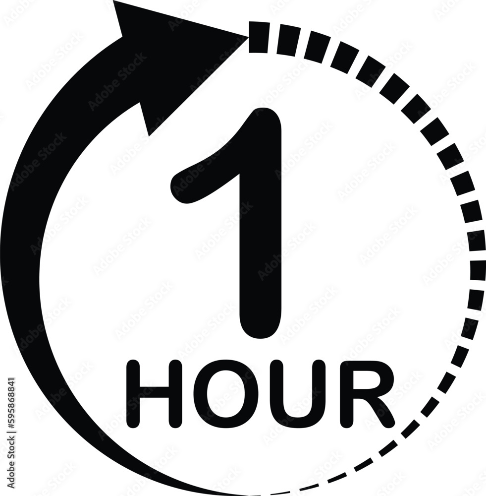 Poster one hour round icon on white background. 1 hour clock sign. timer countdown symbol. flat style.