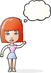 cartoon waving woman with thought bubble