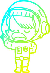cold gradient line drawing of a cartoon astronaut woman explaining