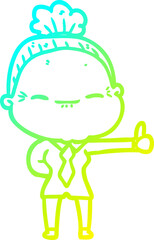 cold gradient line drawing of a cartoon peaceful old woman