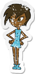 retro distressed sticker of a cartoon girl with hands on hips
