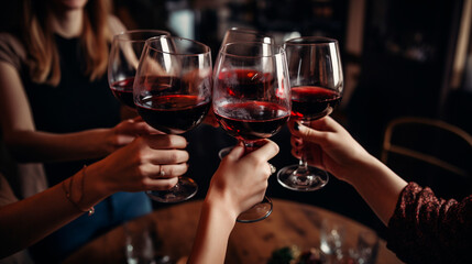 Wine glasses in the hands of friends together. Generative AI,