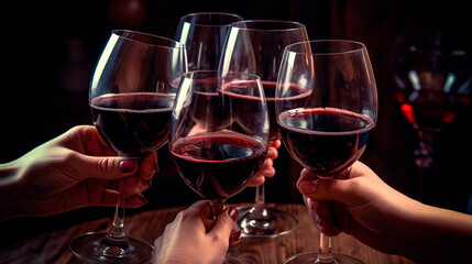 Wine glasses in the hands of friends together. Generative AI,
