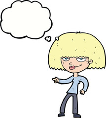 cartoon happy woman pointing with thought bubble