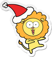 happy hand drawn sticker cartoon of a lion wearing santa hat