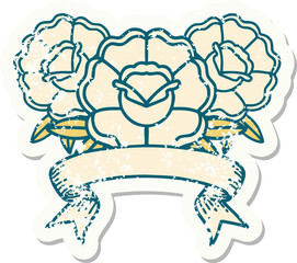 worn old sticker with banner of a bouquet of flowers
