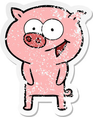 distressed sticker of a cheerful pig cartoon