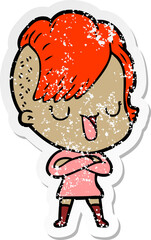 distressed sticker of a cute cartoon girl with hipster haircut