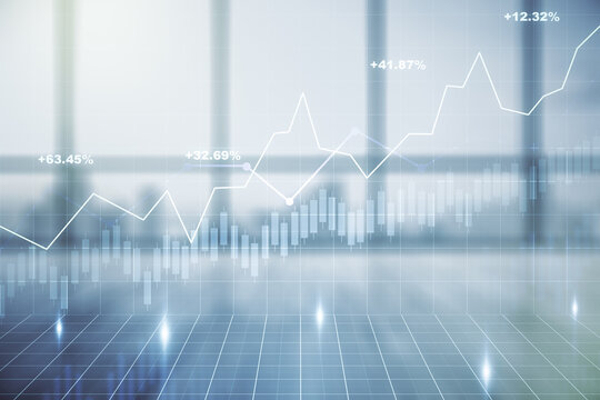 Double exposure of abstract creative financial chart hologram on empty modern office background, research and strategy concept