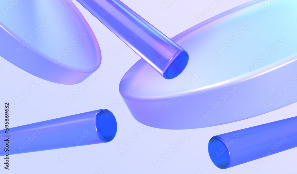 Poster abstract background with geometric 3d shapes. flying tubes, cylinders or disks with holographic grad