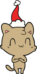 hand drawn line drawing of a happy cat wearing santa hat