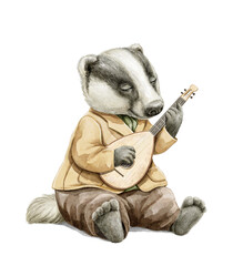 Watercolor vintage boy badger musician in clothes sitting and playing the lute isolated on white background. Hand drawn illustration sketch