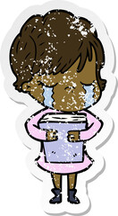 distressed sticker of a cartoon woman crying