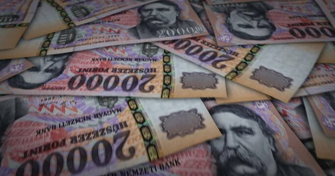Hungarian Forint 20000 HUF banknote surface. Flying over Hungary money note. 3D abstract concept of business, inflation, economy, finance, crisis and banking.