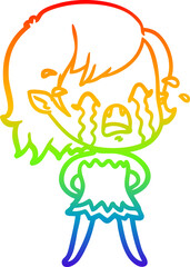 rainbow gradient line drawing of a cartoon crying vampire girl