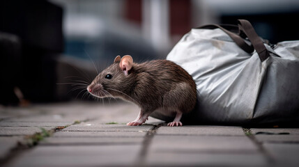 A rat on a trash can in the city. Generative AI,