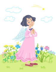 Сute angel girl stands in a flower meadow and looks at a shooting star. In cartoon style. Isolated on white background. Vector flat illustration
