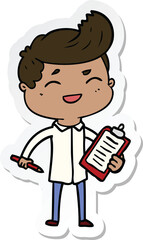 sticker of a cartoon laughing salesman