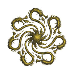Golden Hydra, seven heads creature birth from fire - team or crew logo