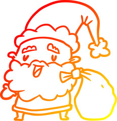 warm gradient line drawing of a santa claus carrying sack of presents