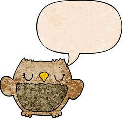 cartoon owl with speech bubble in retro texture style