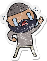Obraz premium distressed sticker of a cartoon bearded man waving and crying