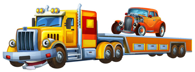 cartoon tow truck driving with load other car illustration artistic painting scene