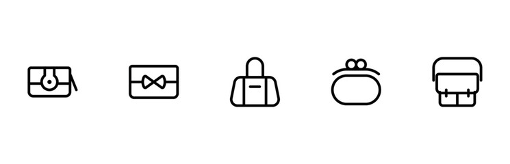 Woman bag, pouch, purse, handbags, clutch, totes, hobo, leather, Fashion related icon editable Stroke line icons and Suitable for Web Page, Mobile App, UI, UX design.