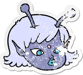 distressed sticker of a cartoon alien space girl face