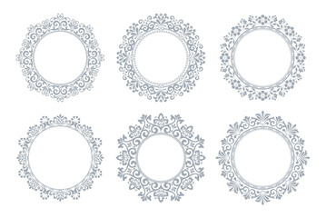 Set of decorative frames Elegant vector element for design in Eastern style, place for text. Floral gray and white borders. Lace illustration for invitations and greeting cards