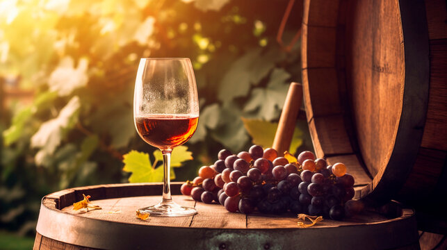 Glass of wine, winery concept background in garden vineyards soft focus. Generative AI,