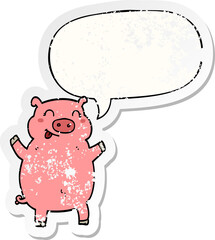 cartoon pig with speech bubble distressed distressed old sticker