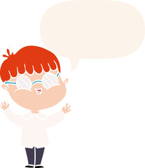 cartoon boy wearing spectacles with speech bubble in retro style