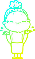 cold gradient line drawing of a cartoon peaceful old woman