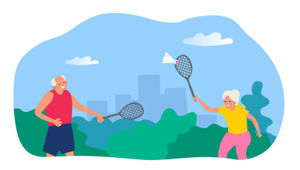 senior couple man and woman  playing badminton in the park vector illustration
