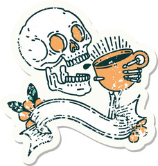 worn old sticker with banner of a skull drinking coffee